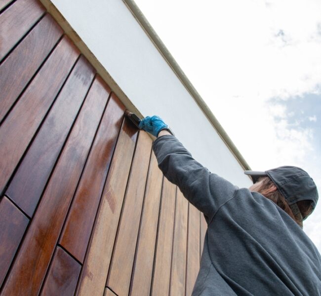 Staining,The,Wood,Facade,Cladding,With,Paint,Brush,And,Protective Staining,The,Wood,Facade,Cladding,With,Paint,Brush,And,Protective